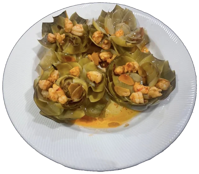 Alcachofas con gambones al ajillo