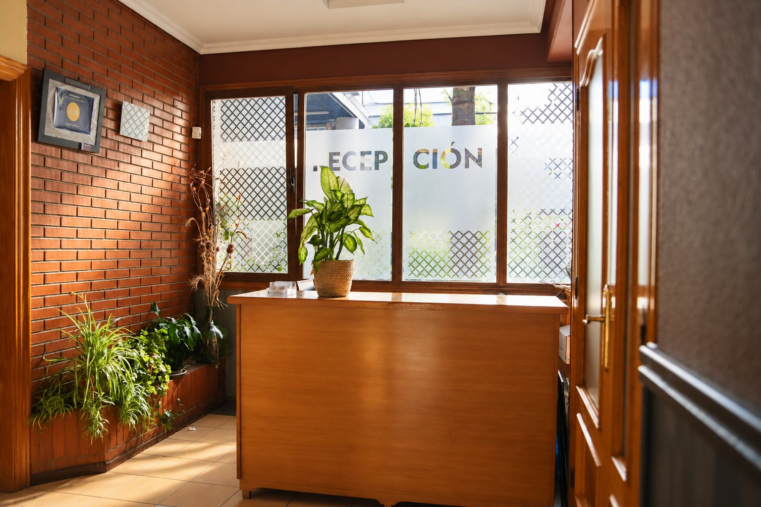 Recepción del hostal con mostrador de madera, pared de ladrillo y plantas.