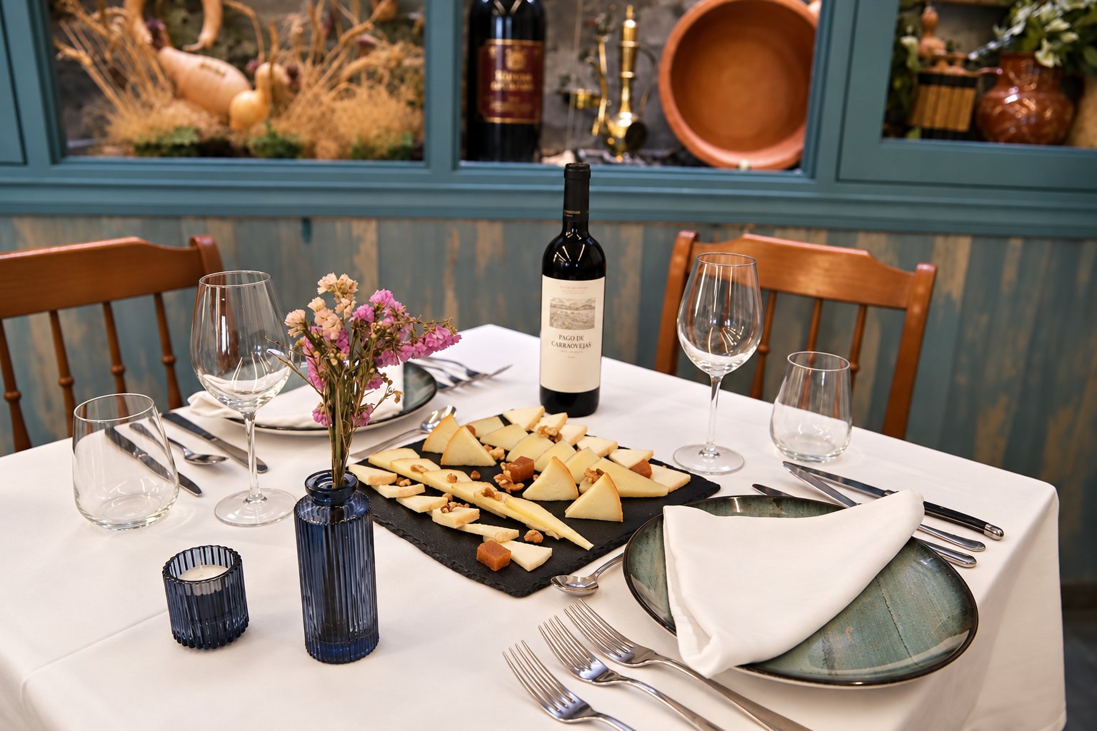 Mesa del comedor con una tabla de quesos, copas, flores y una botella de vino tinto.
