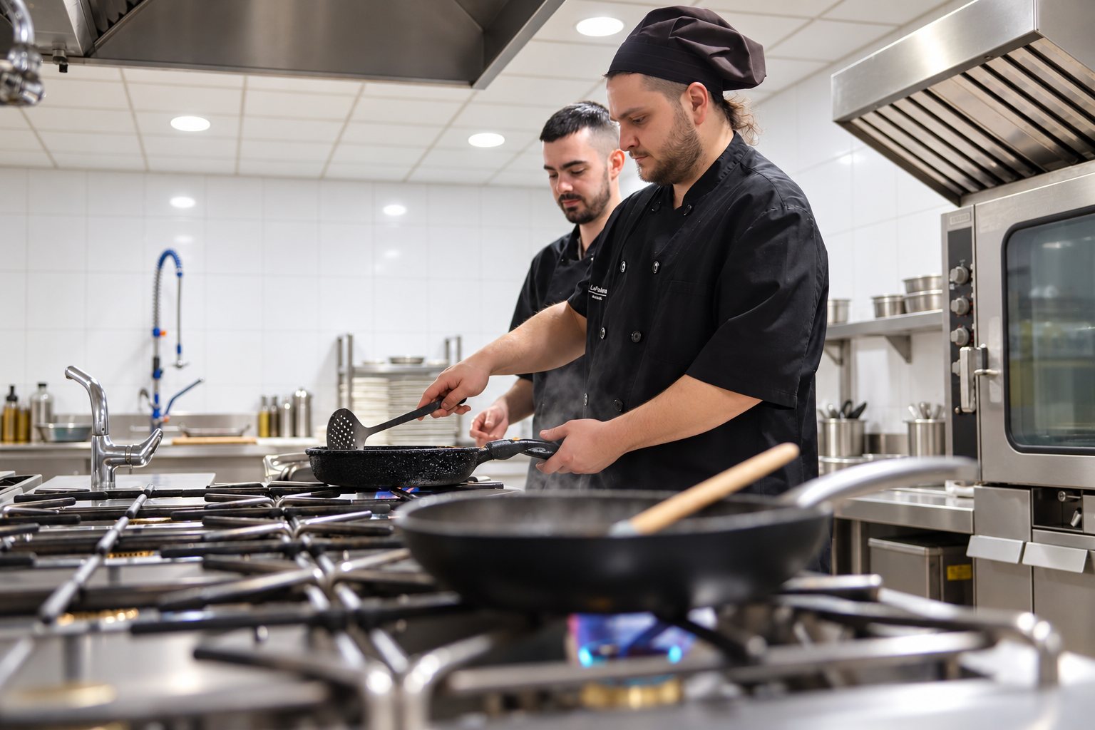 Dos cocineros trabajan en los fogones entre el vapor de las sartenes.