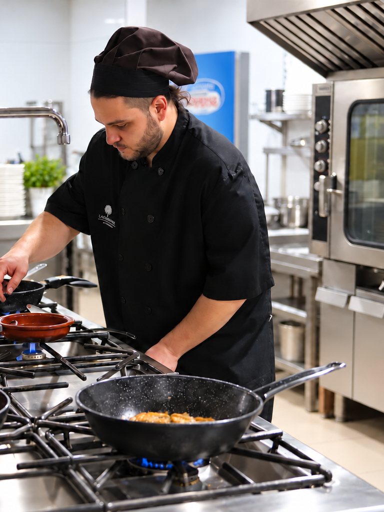 Cocinero con gorro y chaquetilla negra con el logotipo de La Palmera atiende varias sartenes.