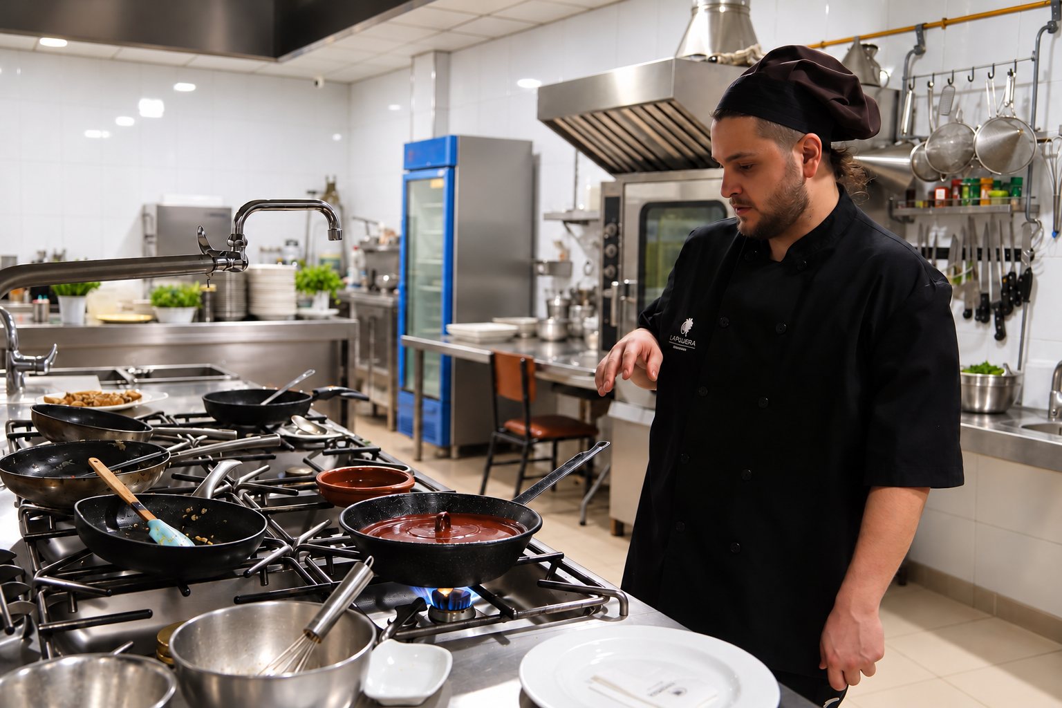 Cocinero atendiendo varias sartenes en los fogones de la cocina.