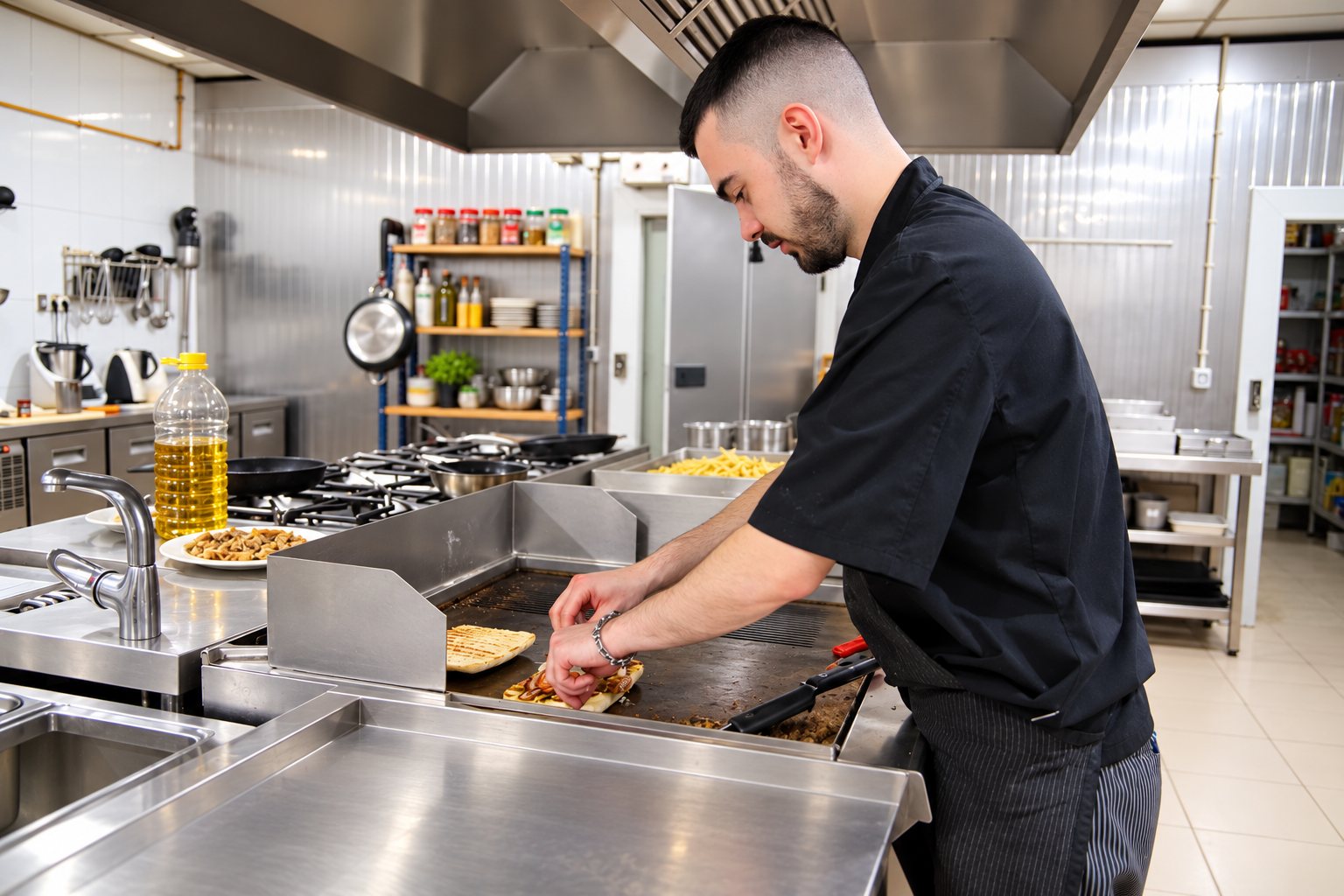Cocinero trabajando en la plancha de la cocina.