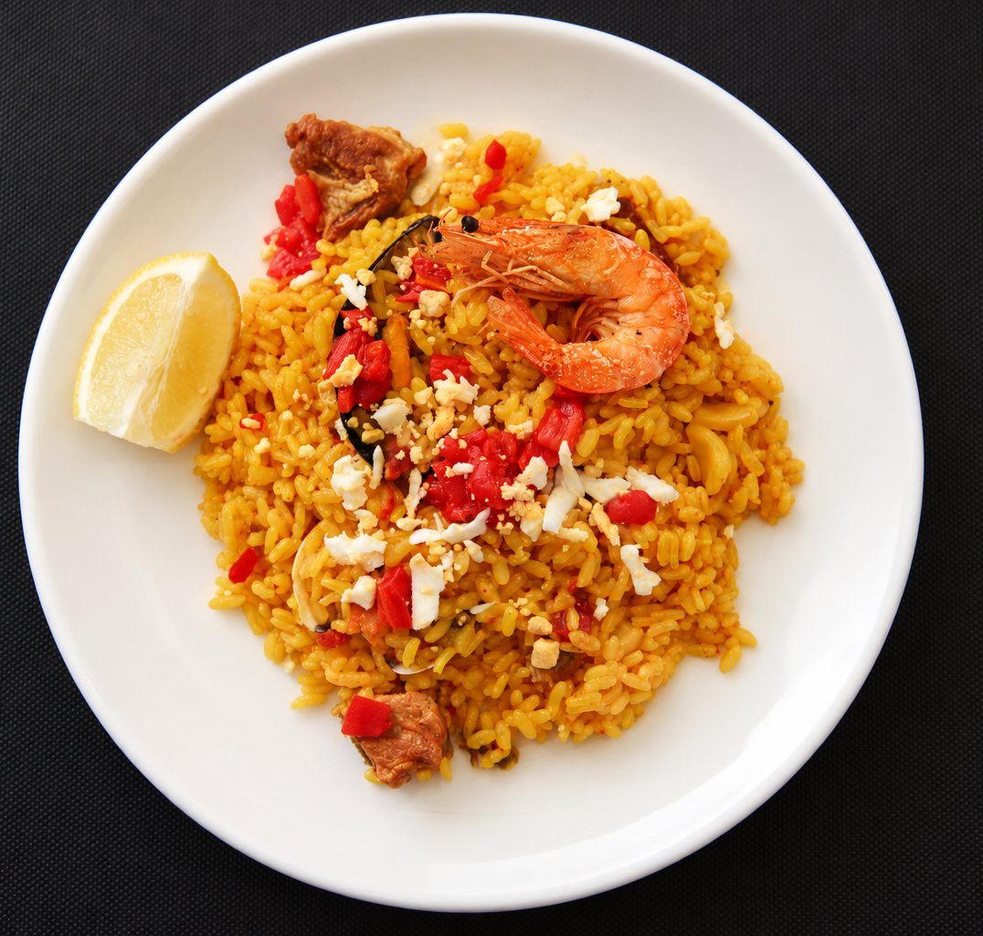 Arroz con langostino, pimiento y limón visto desde arriba.